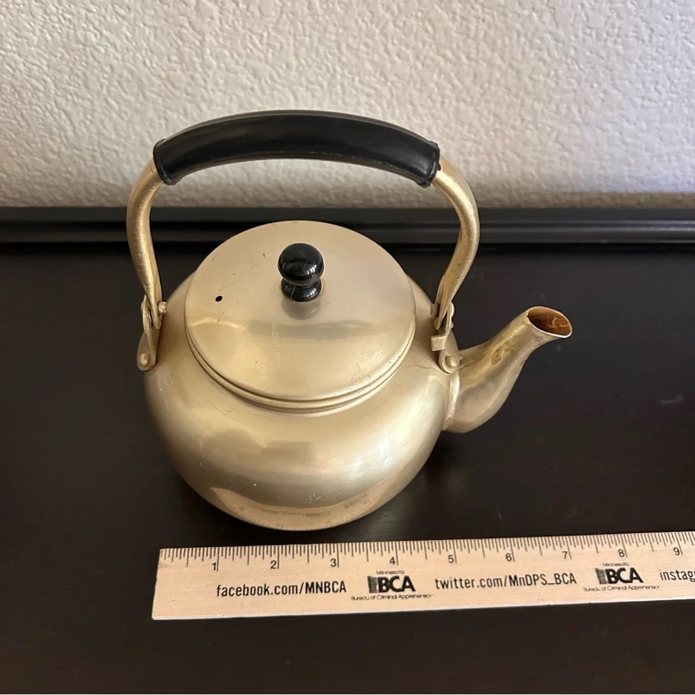 vintage gold-toned aluminum teapot with a black handle mid century modern 5” dia - Picture 8 of 10